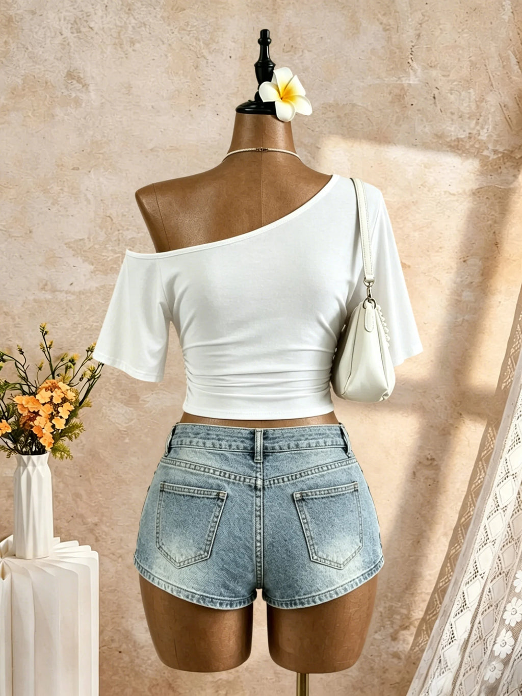 Women One Shoulder Short Sleeve Side Cropped T-Shirt