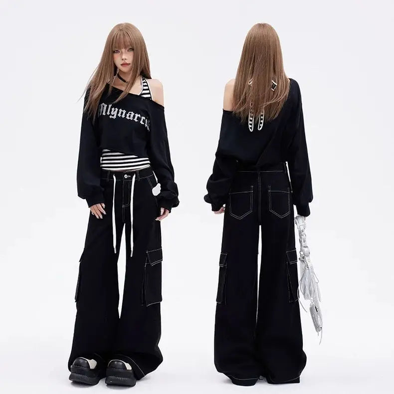 Women's Black Oversized Off-Shoulder Set