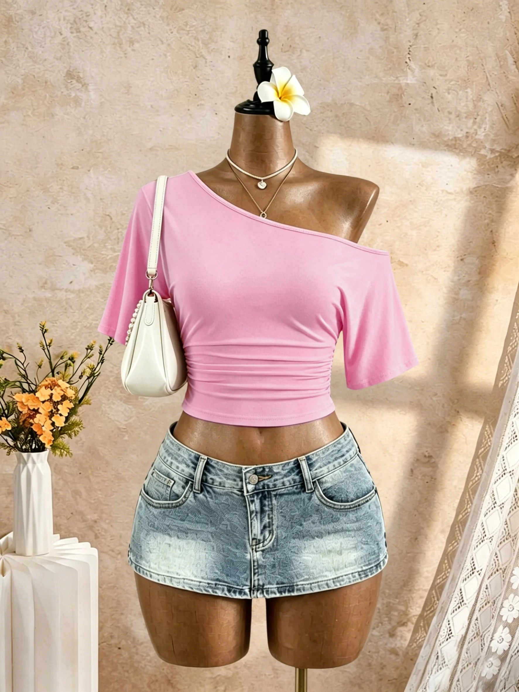 Women One Shoulder Short Sleeve Side Cropped T-Shirt