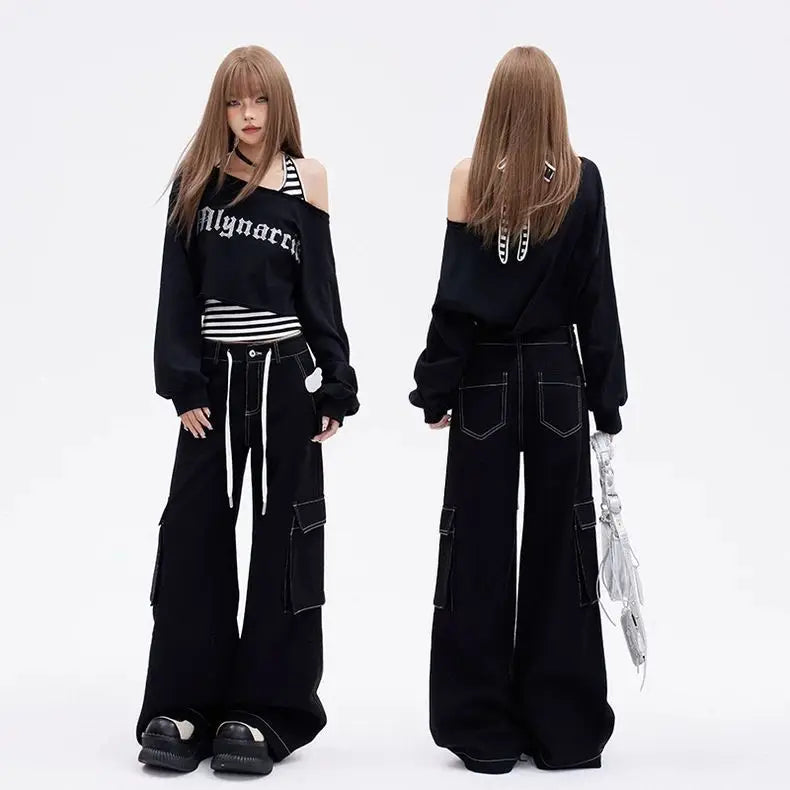 Women's Black Oversized Off-Shoulder Set