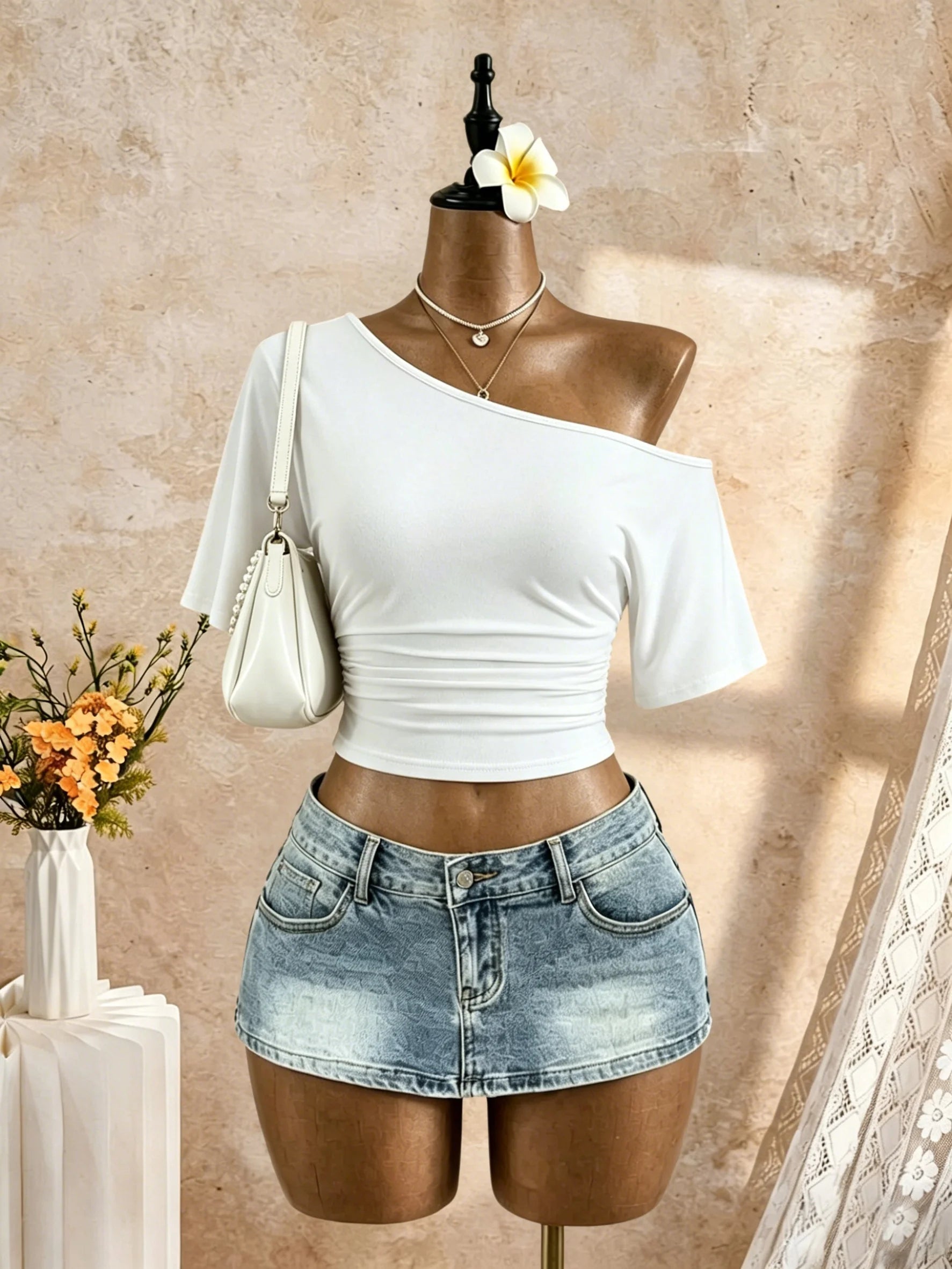 Women One Shoulder Short Sleeve Side Cropped T-Shirt