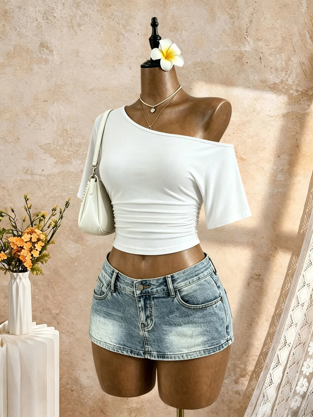 Women One Shoulder Short Sleeve Side Cropped T-Shirt