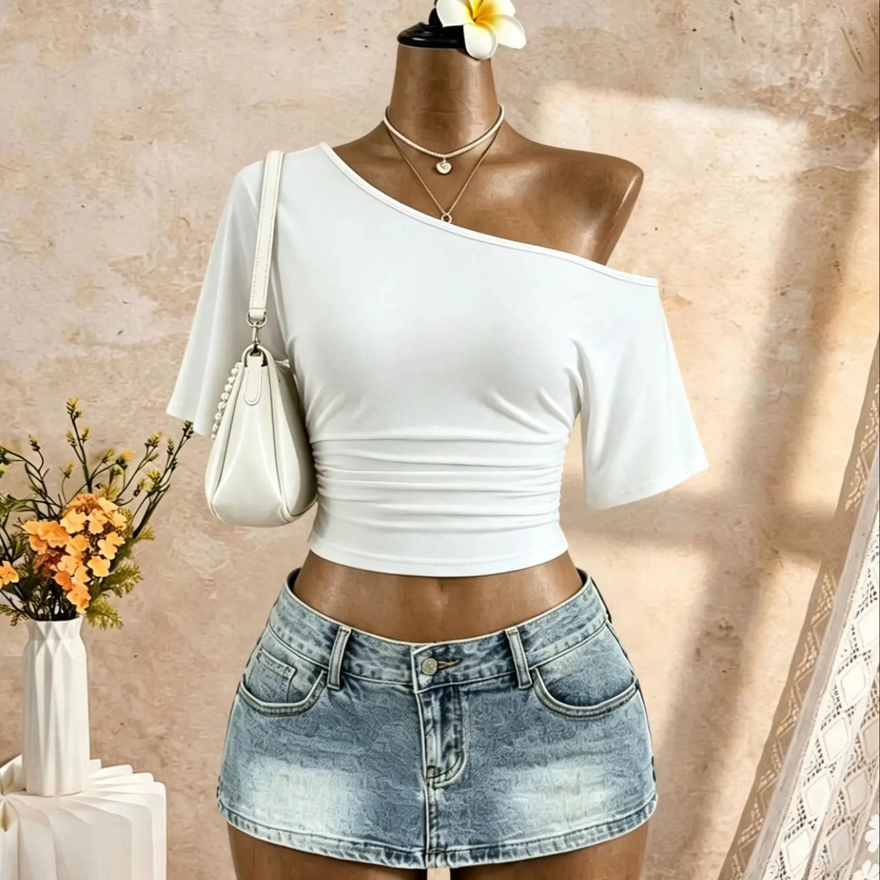 Women One Shoulder Short Sleeve Side Cropped T-Shirt