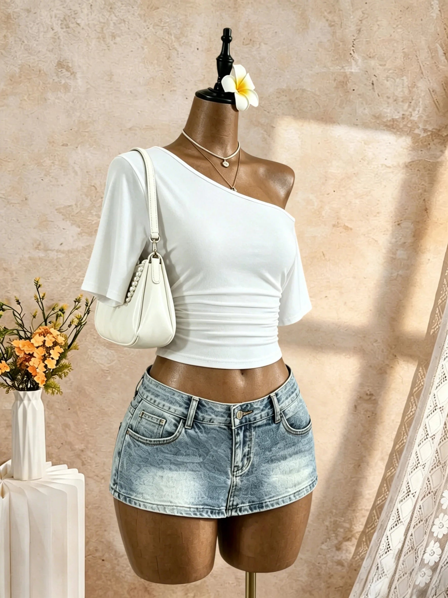 Women One Shoulder Short Sleeve Side Cropped T-Shirt