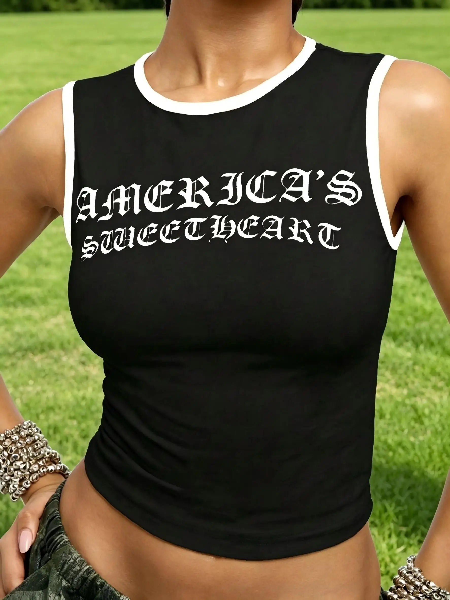 Women Hot Girl America's Sweetheart Graphic Crop Tank Top