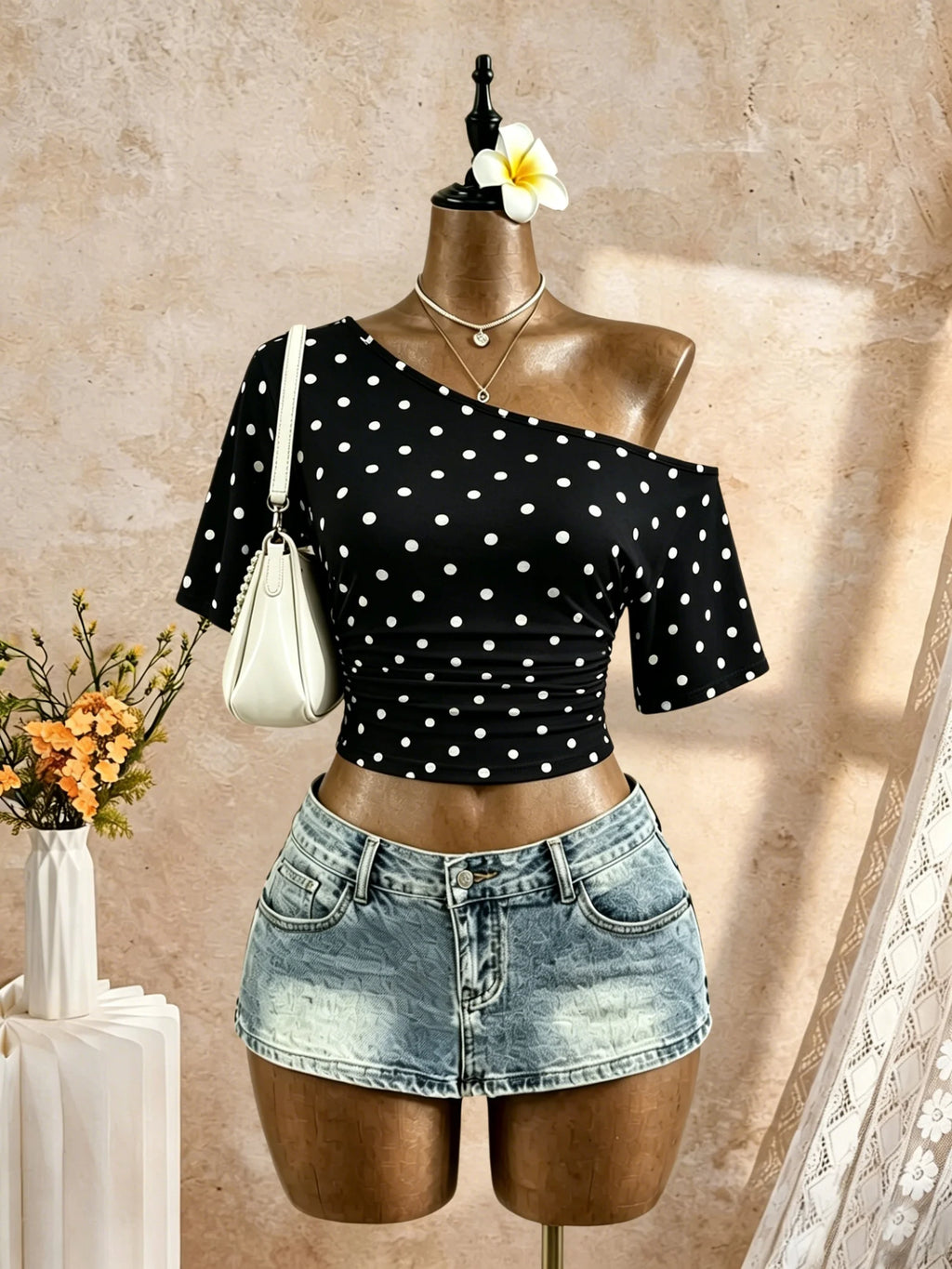 Women One Shoulder Short Sleeve Side Cropped T-Shirt