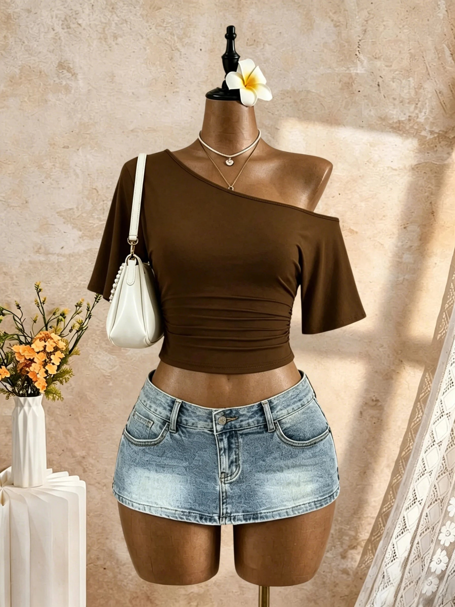 Women One Shoulder Short Sleeve Side Cropped T-Shirt