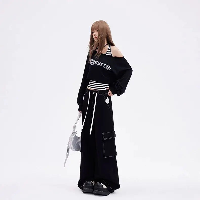 Women's Black Oversized Off-Shoulder Set