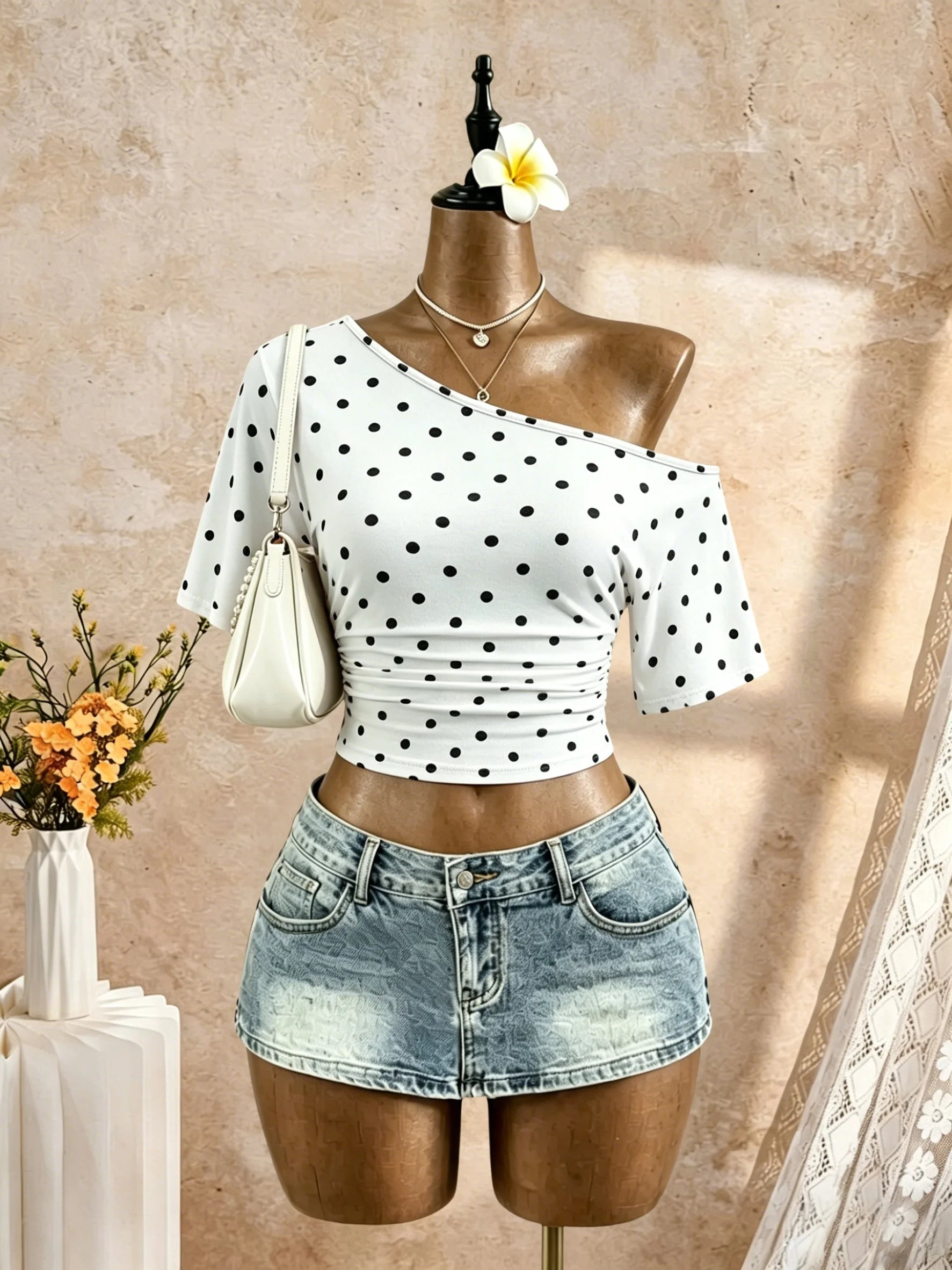 Women One Shoulder Short Sleeve Side Cropped T-Shirt