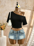 Women One Shoulder Short Sleeve Side Cropped T-Shirt