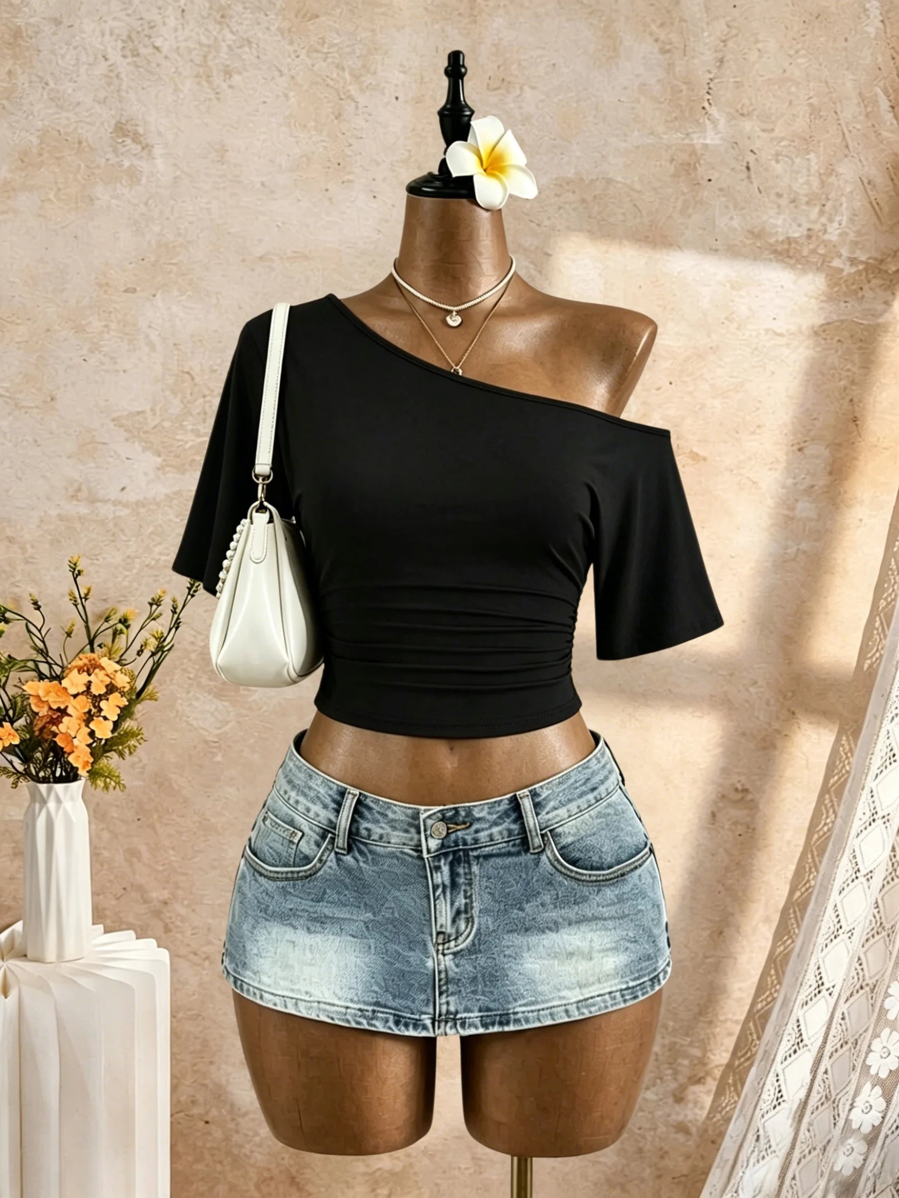 Women One Shoulder Short Sleeve Side Cropped T-Shirt